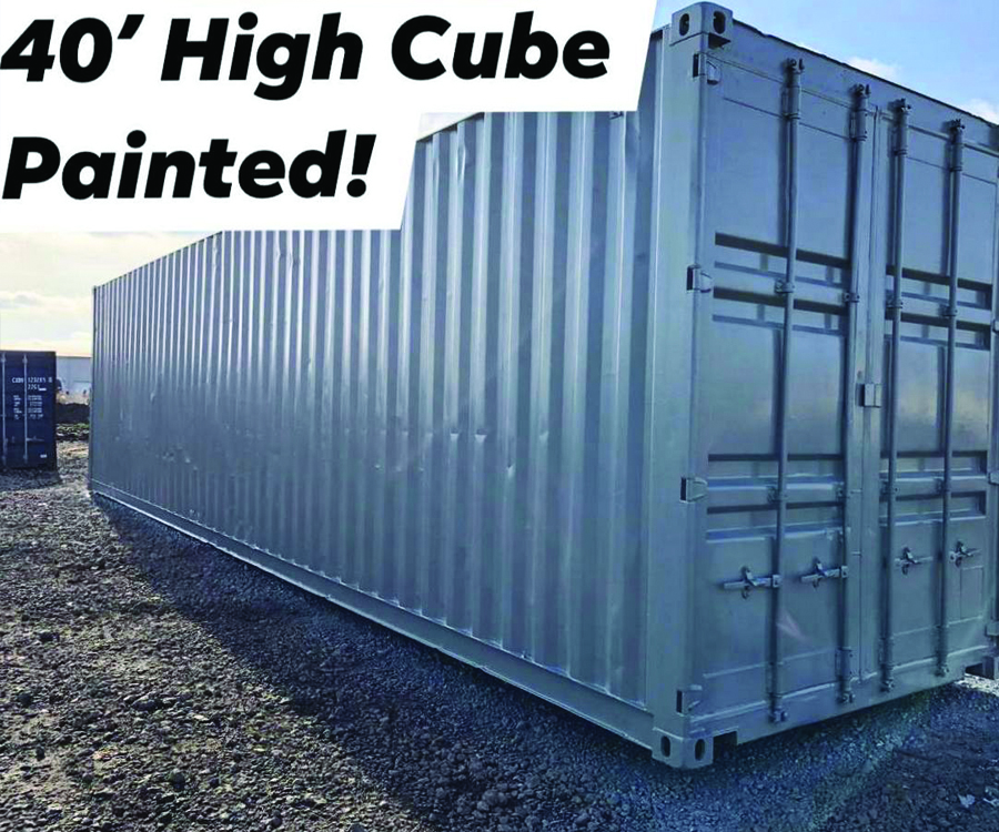 A silver shipping container with a caption of "40' High Cube Painted!"