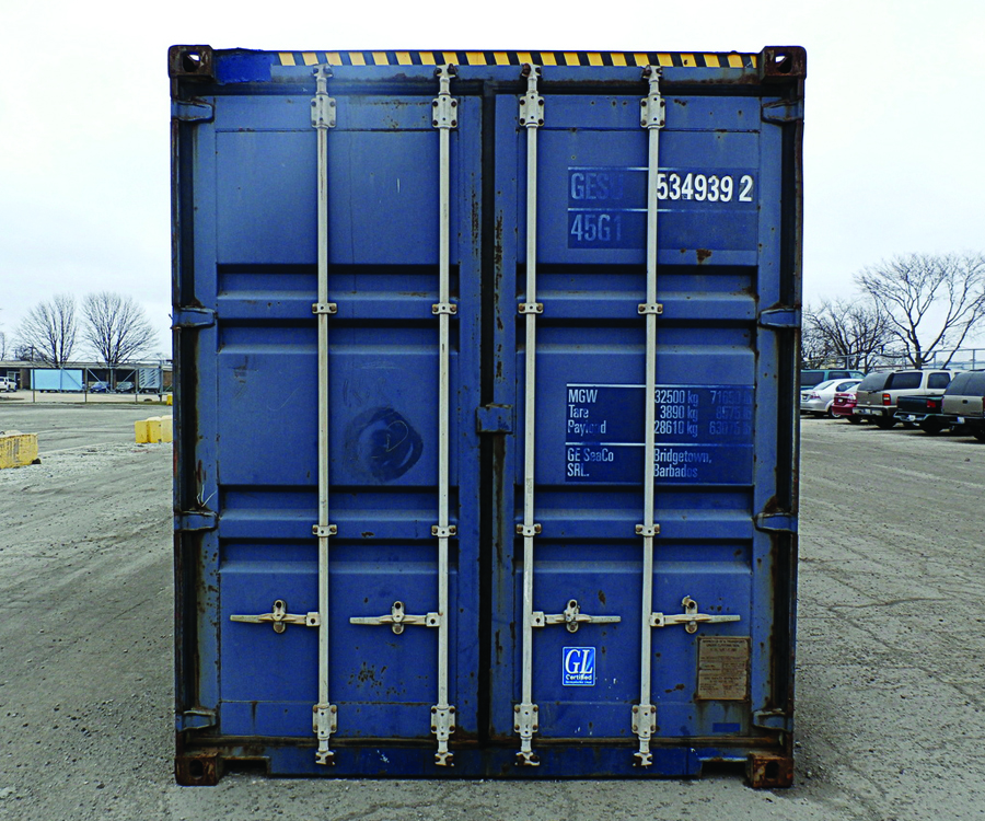 The doors of a blue shipping container